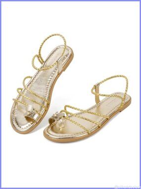 Faux Leather Strappy Flat Sandals with Braided Floral Straps